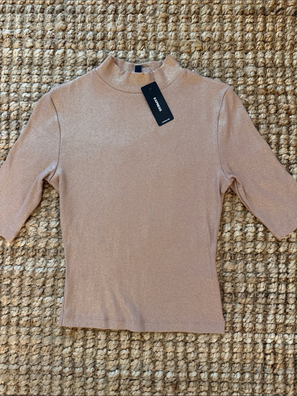 Express Shimmery Rose Gold Mock Neck Short Sleeve Top